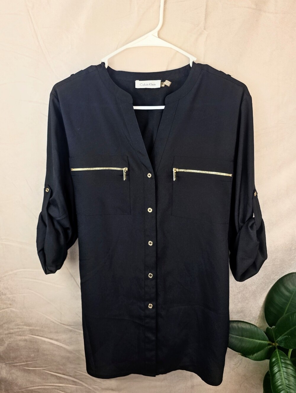 Calvin Klein Womens Black Blouse Gold Zipper Pockets Shirt Size Large